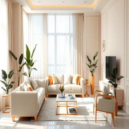 Living room interior with yellow sofa and armchairs. 3d renderの写真素材