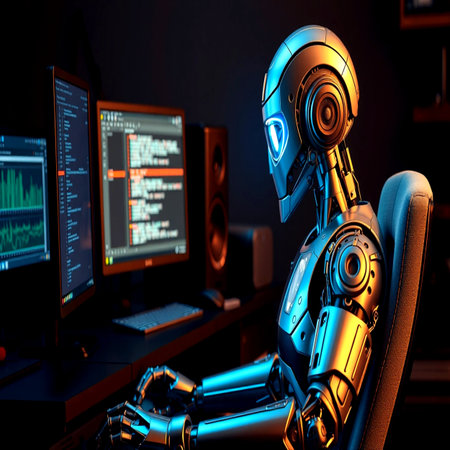 3D rendering of robot working on desktop computer in dark room.の写真素材