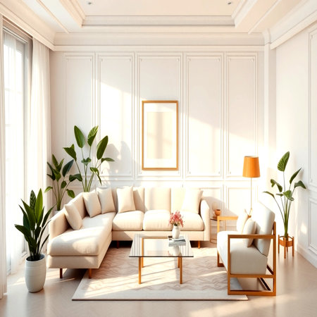 Living room with beige sofa, coffee table and plant. 3D render