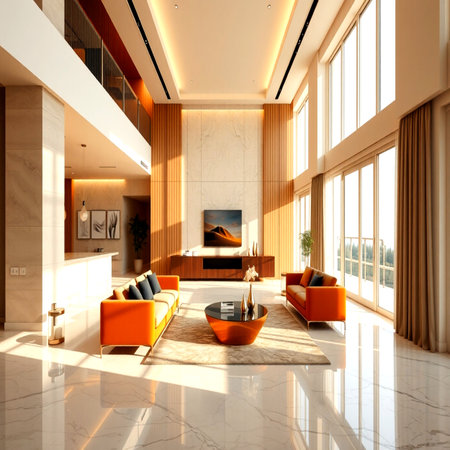 3d rendering luxury living room with orange sofa and sofasの写真素材