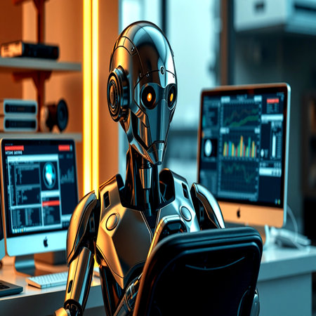 3D rendering humanoid robot working in the office, artificial intelligence conceptの写真素材