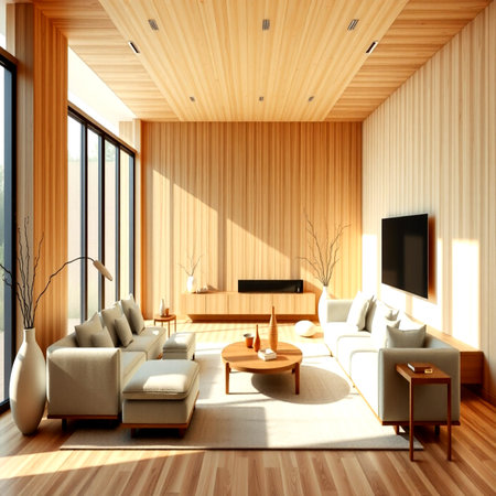 Interior of modern living room with wooden walls, wooden floor, comfortable sofas and fireplace. 3d...