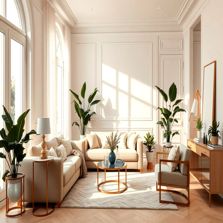 3d render interior of living room with sofa, coffee table and plant.の写真素材