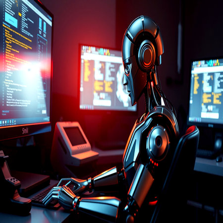 Cyborg sitting in front of computer monitors. 3D rendering.の写真素材