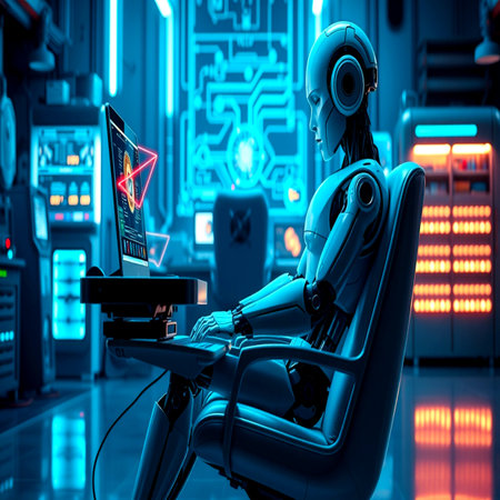 3d rendering humanoid robot working with computer in dark room with neon lightsの写真素材