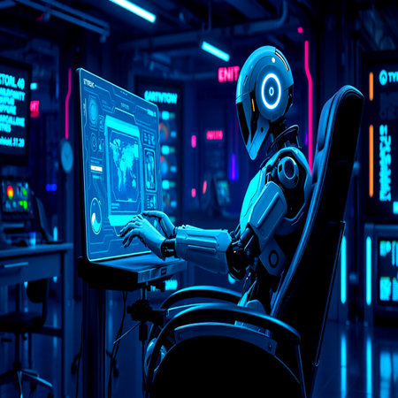 Robot with tablet pc in a futuristic office. 3d rendering