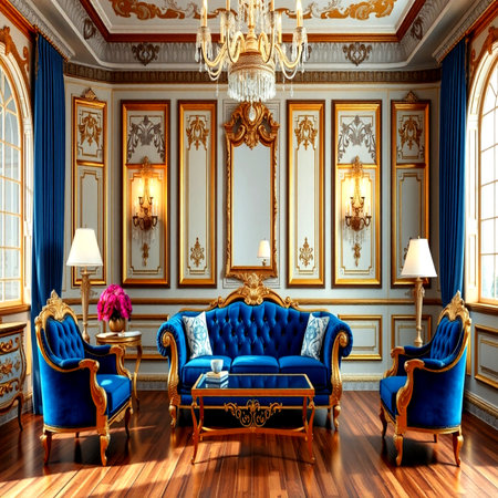 Luxury interior of royal palace. Classic blue furniture, armchairs and parquet. 3d renderの写真素材