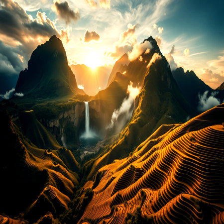 Fantasy landscape with mountains and waterfall at sunset. 3d renderingの写真素材