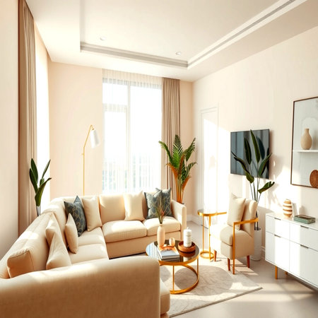 interior of modern living room with beige sofa 3d renderの写真素材