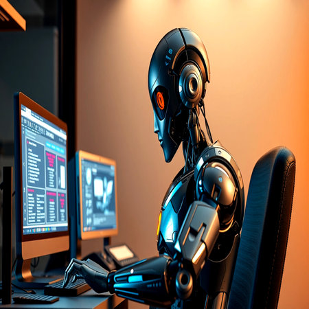 3d rendering humanoid robot working in the office with desktop computer.の写真素材
