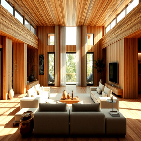interior of modern wooden house, living room, 3d renderの写真素材