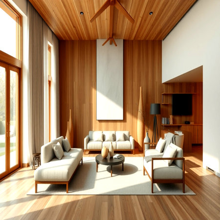 Interior of the living room with a wooden wall, a sofa and a coffee table. 3d renderingの写真素材