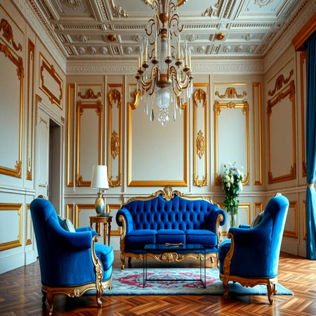 Luxury classic interior of royal apartments. Classic blue sofa, armchair and parquet floor.の写真素材