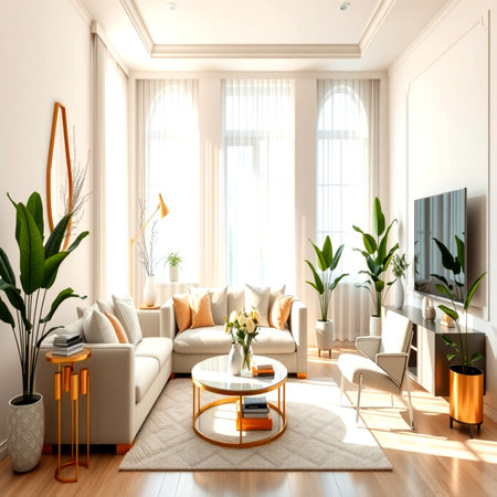 3d render interior of modern living room with white sofa, coffee table and plants