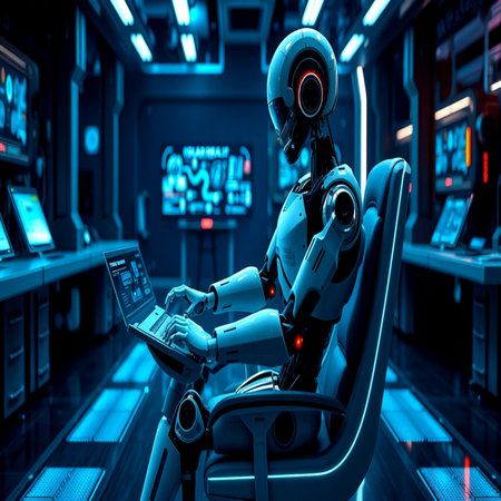 3d rendering humanoid robot working on laptop computer in dark spaceship interiorの写真素材
