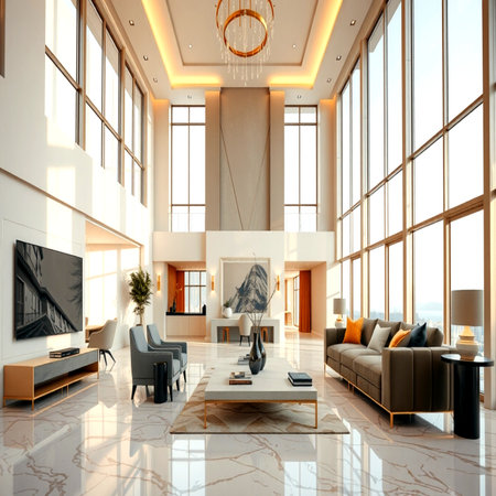 Modern living room interior with fireplace, armchairs and sofa. 3d render