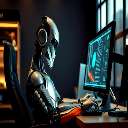 Robot working on desktop computer in dark office. 3D rendering