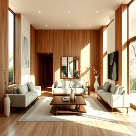 Interior of modern living room 3D rendering image.There are wooden walls, wooden floor and large...