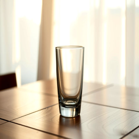 Empty glass on the wooden table in the morning light. Selective focus.の写真素材