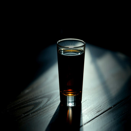Glass on a dark wooden background. Selective focus.の写真素材