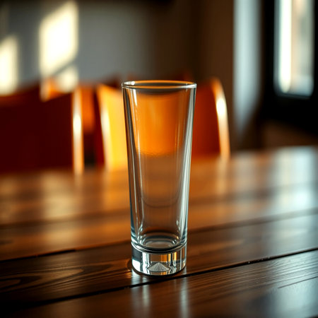 Empty glass on the wooden table in cafe. Selective focus.の写真素材
