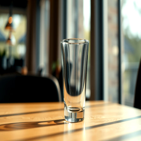 Empty shot glass on wooden table in cafe, shallow depth of fieldの写真素材
