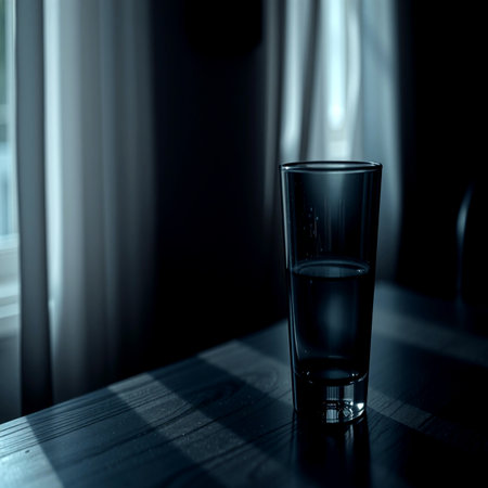 Glass of water on the table in the dark room. Toned.の写真素材