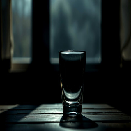 Glass of water on a wooden table near the window in the eveningの写真素材