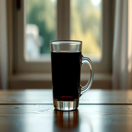A glass of black coffee on a wooden table near the window.の写真素材