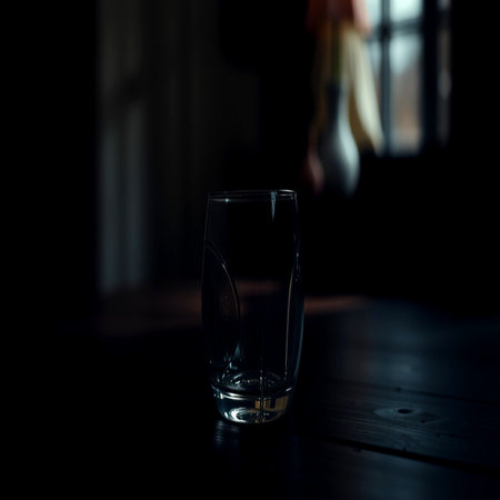 Empty glass of water on a dark background. Selective focus.の写真素材