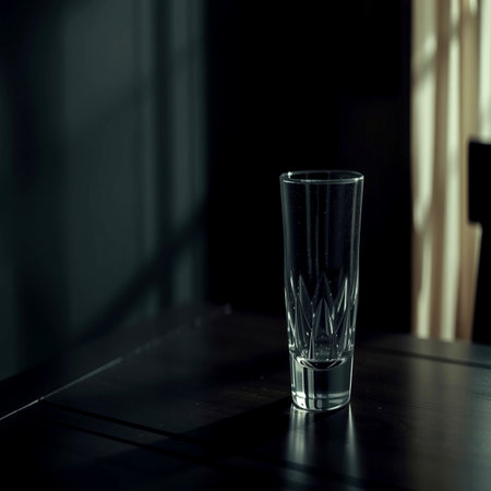 Glass of water on a black table in the room. Toned.の写真素材