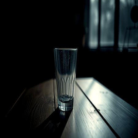 Empty glass on wooden table in dark room. Selective focusの写真素材