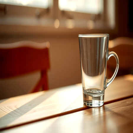 Empty glass of water on a wooden table. Selective focusの写真素材