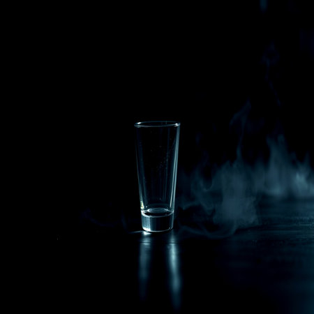 An empty glass on a black background with smoke and steam.の写真素材