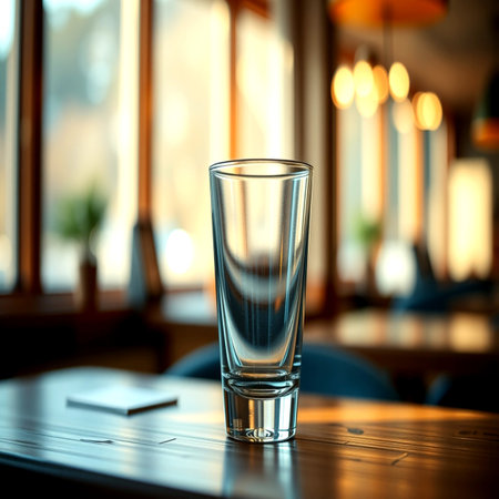 Empty glass on a wooden table in a cafe. Toned.の写真素材