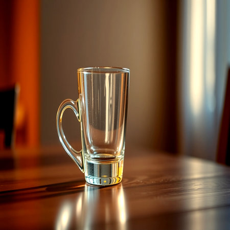 Empty glass of water on a table in a cafe. Selective focusの写真素材