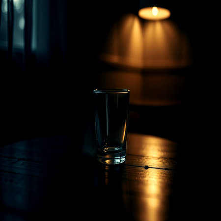Glass on a wooden table in the dark. Selective focus.の写真素材