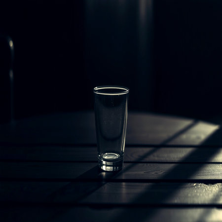 Glass on a wooden table with shadow. Selective focus.の写真素材