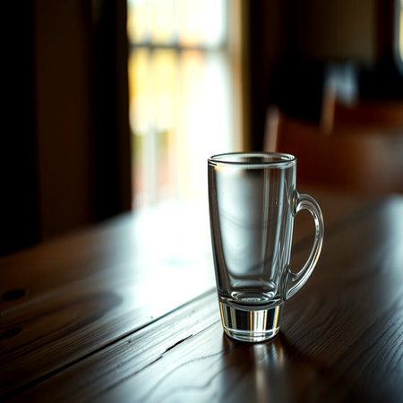 Glass cup on a wooden table in a cafe, stock photoの写真素材