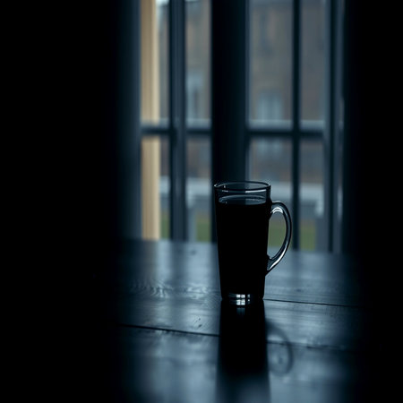 A cup of coffee on a wooden table in a dark room with a windowの写真素材
