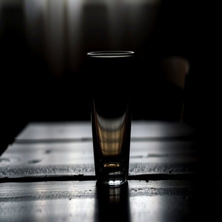 Glass on a wooden table in the dark, selective focusの写真素材