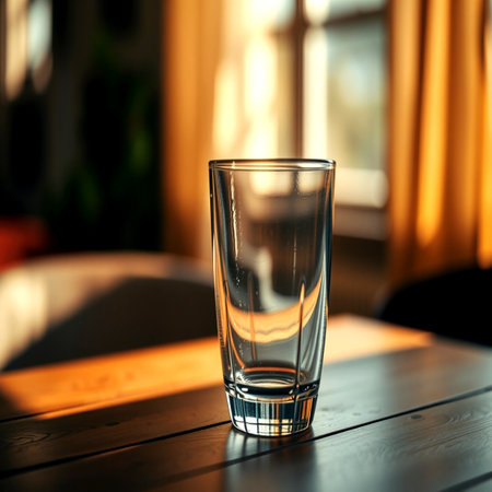 Empty glass of water on wooden table in cafe, closeup. Space for textの写真素材