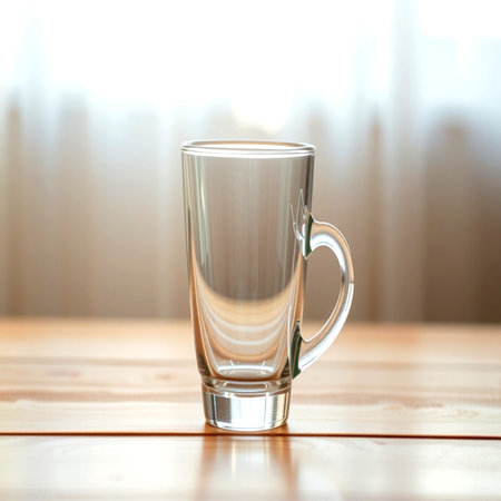 Empty glass cup on wooden table with sunlight in the morning, stock photoの写真素材