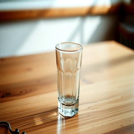 Glass of water on a wooden table. Shallow depth of fieldの写真素材