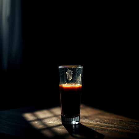 Coffee in a glass on a wooden table, black backgroundの写真素材