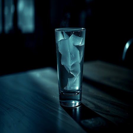 Glass of water with ice cubes on a wooden table. Toned.の写真素材