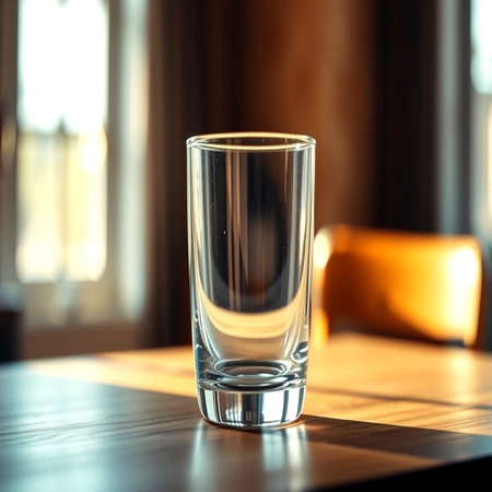 Empty glass of water on the table in a cafe. Selective focusの写真素材