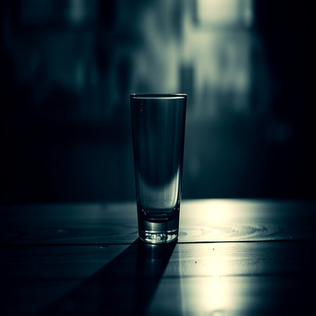 An empty glass on a wooden table. Selective focus. Toned.の写真素材