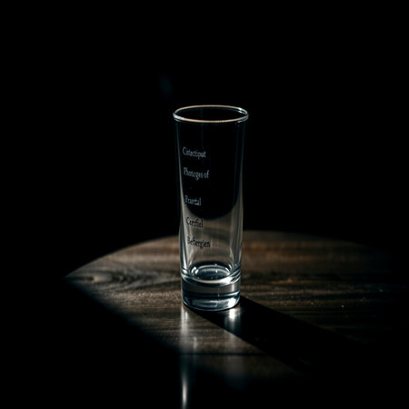 Glass of water on a wooden table. Dark background. Selective focus.の写真素材