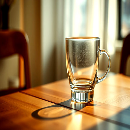 A glass of water on a wooden table in the morning light.の写真素材